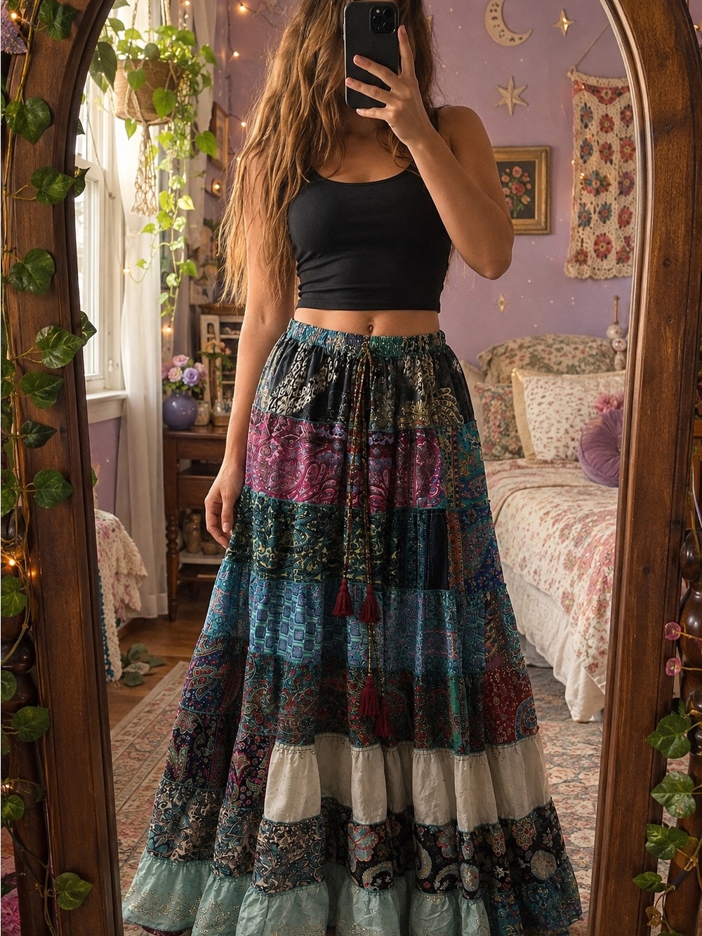 Bohemian Patchwork Maxi Skirt - Multicolor